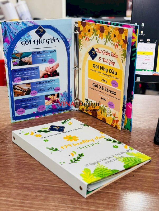In menu Spa bìa còng, ruột tháo thay di động, menu cuốn đẹp khổ A4 - INKTS3829