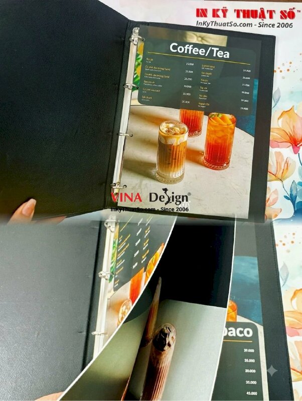 In ruột menu giấy C300gsm bồi 2 lớp, cán mờ 2 mặt, dập lỗ tròn, gắn bìa da khách đưa - INKTS1158