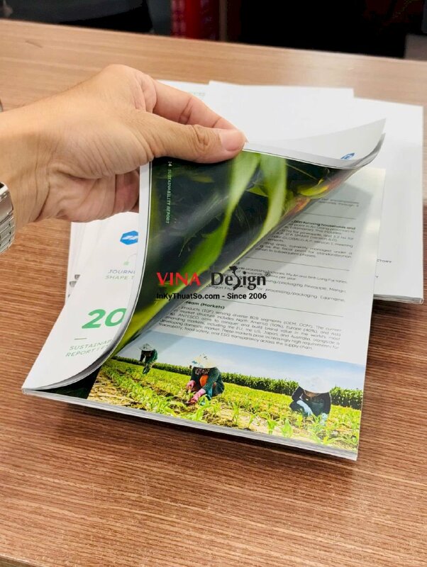 Quyển Sustainability Report Báo cáo phát triển bền vững ESG, in Catalogue 68 trang, khổ A4, dán keo gáy - INKTS21