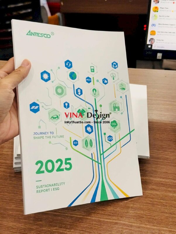 Quyển Sustainability Report Báo cáo phát triển bền vững ESG, in Catalogue 68 trang, khổ A4, dán keo gáy - INKTS21