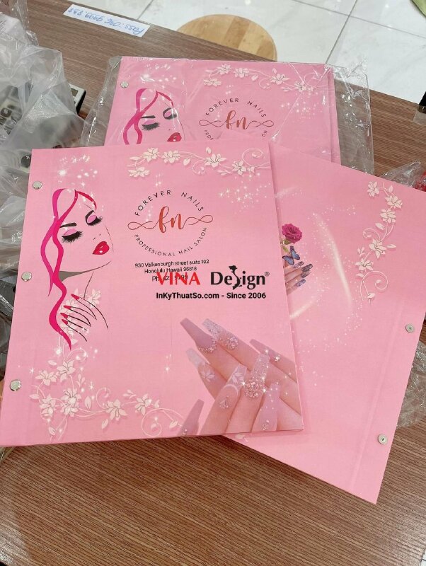 In quyển menu bảng giá Nail bìa bồi ruột giấy ghim Inox, hàng gửi đi Honolulu, Hawaii, Mỹ từ TPHCM - INKTS3844