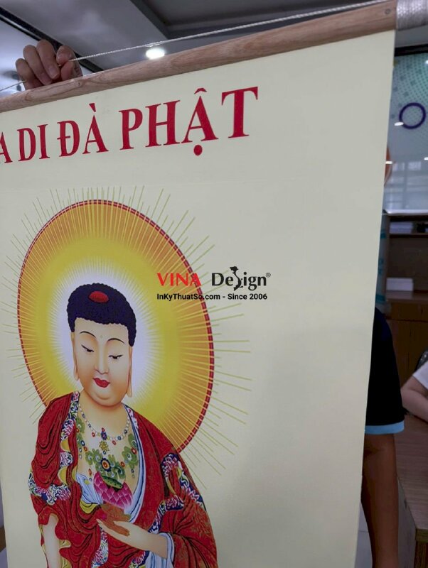 In tranh nẹp gỗ 2 đầu treo tường A Di Đà Phật cho con về tây phương cực lạc, in Canvas mực dầu mờ - INKTS3854