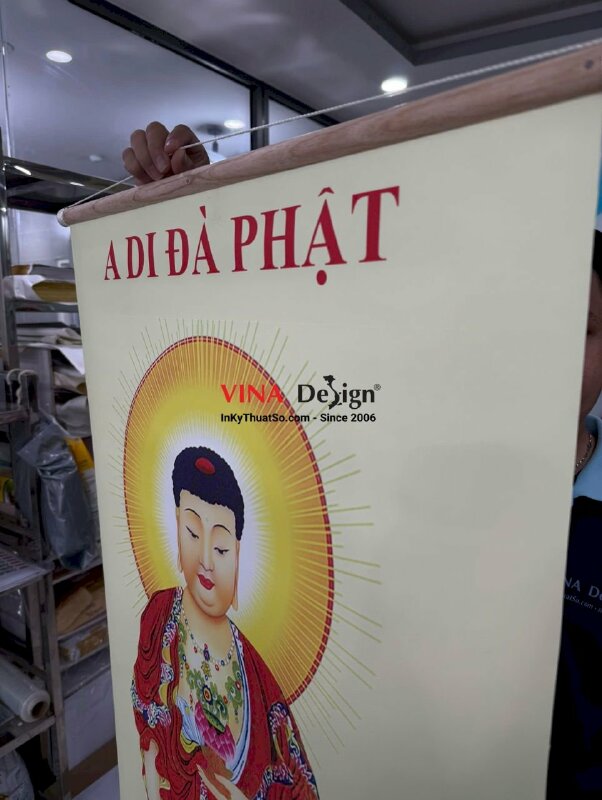 In tranh nẹp gỗ 2 đầu treo tường A Di Đà Phật cho con về tây phương cực lạc, in Canvas mực dầu mờ - INKTS3854