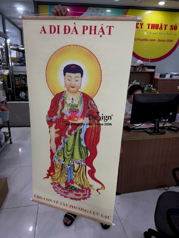 In tranh nẹp gỗ 2 đầu treo tường A Di Đà Phật cho con về tây phương cực lạc, in Canvas mực dầu mờ - INKTS3854