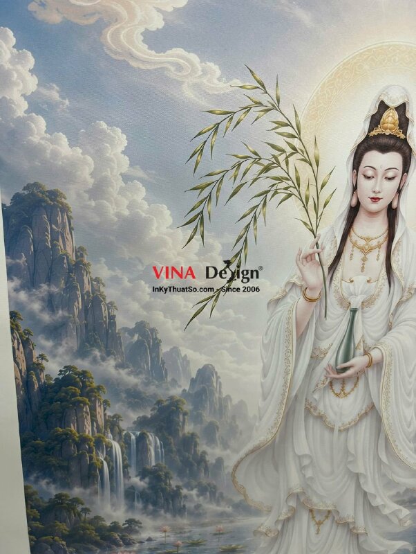 In tranh Quán Thế Âm Bồ Tát, in Canvas mực dầu bóng, chừa biên, giao cuộn - INKTS3852