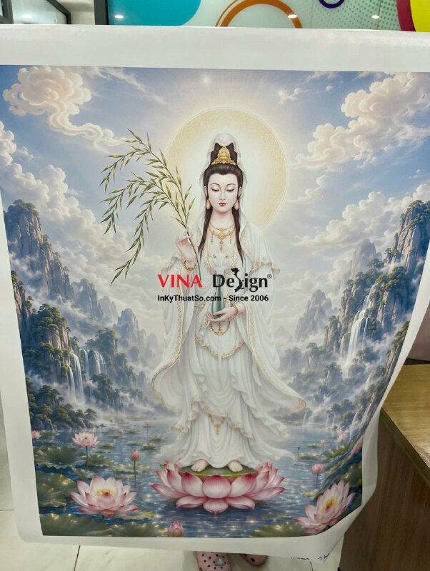 In tranh Quán Thế Âm Bồ Tát, in Canvas mực dầu bóng, chừa biên, giao cuộn - INKTS3852