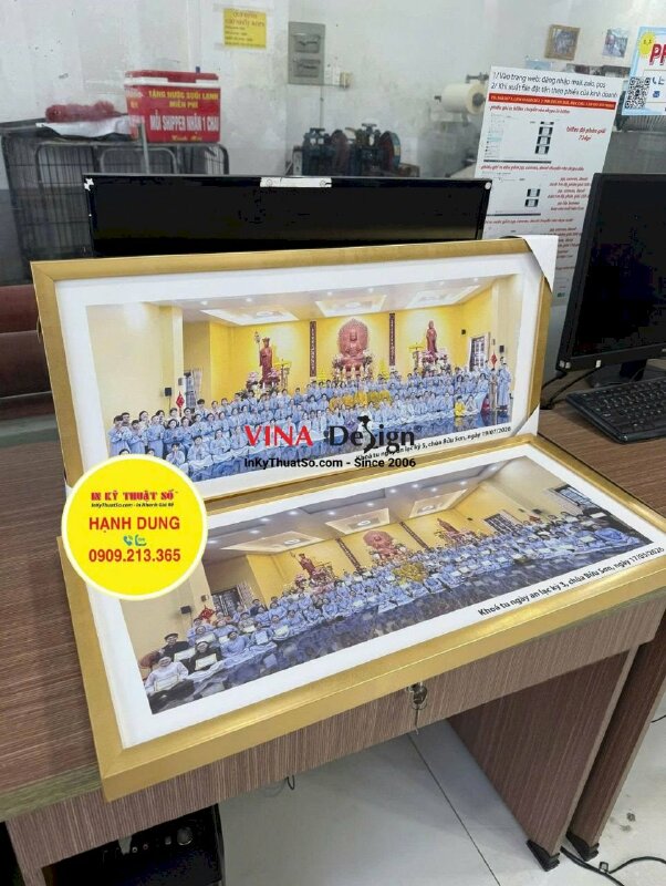 In ảnh kỷ niệm Khóa tu ngày an lạc tại Chùa, tranh Canvas mực dầu bóng, đóng khung viền vàng - INKTS3870