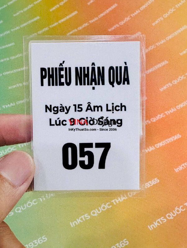 In phiếu nhận quà ngày 15 âm lịch lúc 9 giờ sáng & số thứ tự nhận quà, in ép plastic - INKTS3889