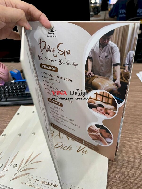 In quyển menu bảng giá dịch vụ Spa khổ A4, bìa bồi carton cứng, ruột giấy cán mờ, gáy ghim inox - INKTS3865