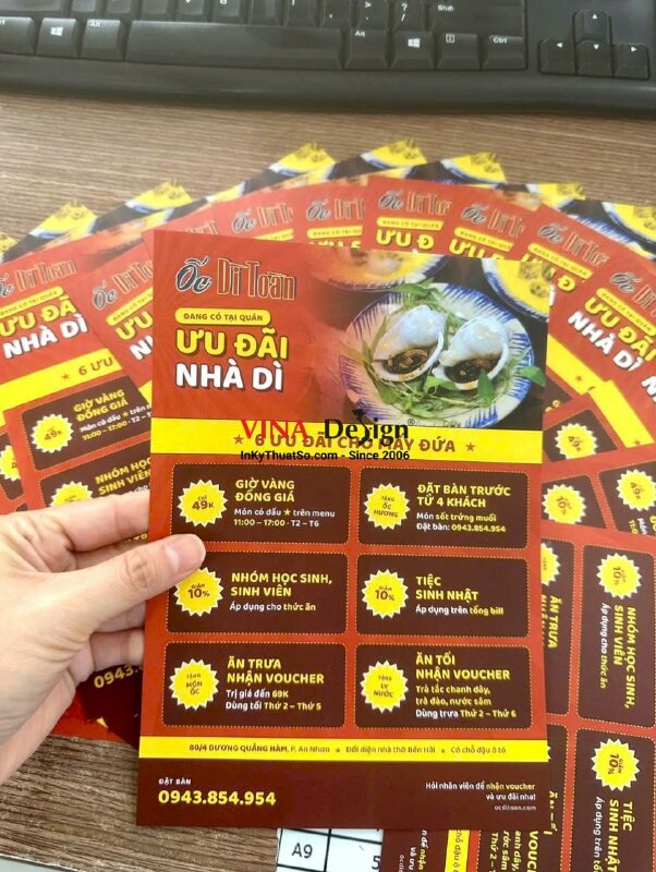 In tờ giới thiệu ưu đãi cho quán ốc, tờ rơi A5 in 1 mặt, cán mờ - INKTS3919