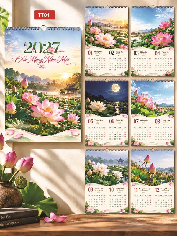 Thiết kế lịch Tết chủ đề Hoa Sen, lịch Tết 7 tờ gáy lò xo - Mã TT01 - INKTS2182